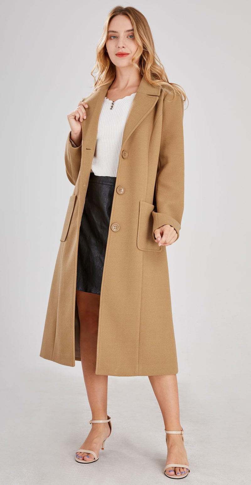 chouyatou Women's Big Notch Lapel Single Breasted Mid-Long Wool Blend Coat (Medium, Camel) - Image 1